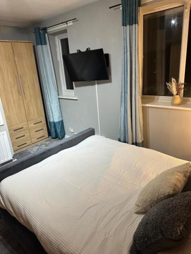 een slaapkamer met een bed, een raam en een tv bij La mansion in Wednesbury