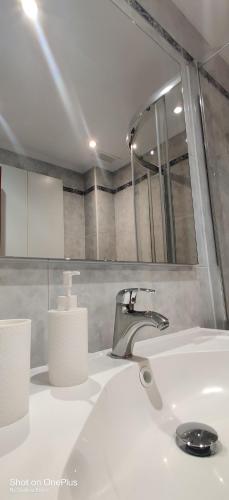 a bathroom sink with a faucet and a mirror at Gasteiz Etxea Il in Vitoria-Gasteiz