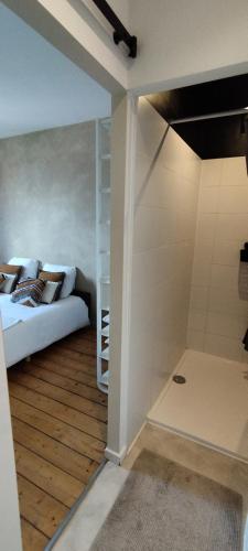 a bedroom with a bed and a walk in shower at Au pied du mur in Huy