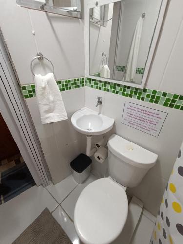 a bathroom with a white toilet and a sink at Apêzinho Vidigal - RJ in Rio de Janeiro