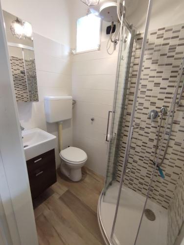 a bathroom with a shower and a toilet and a sink at Le Petit Nid in Toscolano Maderno