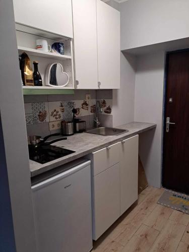 a small kitchen with white cabinets and a sink at Small studio beween the Old Town and the airport in Rīga