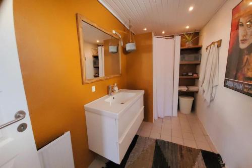 a bathroom with a white sink and a mirror at Skønt hus - tæt på Givskud Zoo og Legoland in Give