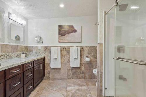 a bathroom with a shower and a sink and a toilet at ~Naupaka Breeze~Ocean View w/AC- 30 day stays in Laie