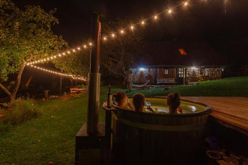 three dogs sitting in a bath tub at night at Hedgehog's Home in Korenica