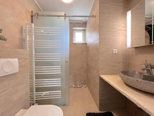 uma casa de banho com um chuveiro, um WC e um lavatório. em Sonnenschein em Stevensweert