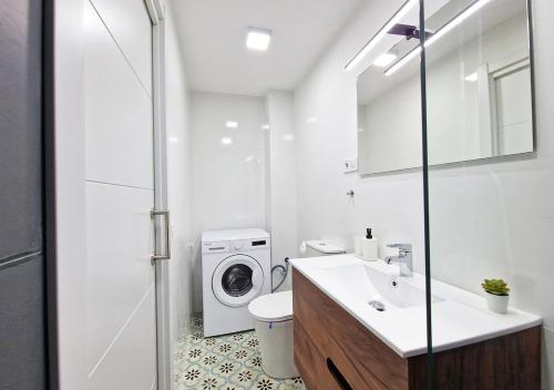a bathroom with a sink and a washing machine at Apartamentos Manzanares 'Madrid Rio' in Madrid