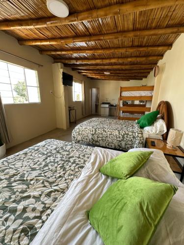 1 dormitorio con 2 camas y techo de madera en GLAMPING TONELES Y VIÑEDOS en San Juan Bautista