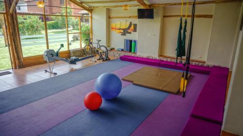 a fitness room with two balls on the floor at Lizzy Wasi Urubamba in Urubamba