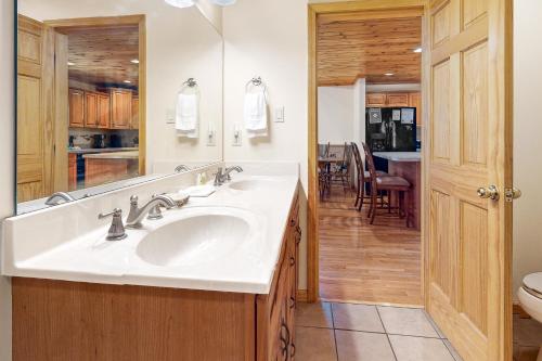 a bathroom with a sink and a mirror at Cabin Fever in Townsend