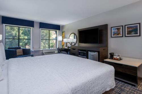 a bedroom with a white bed and a flat screen tv at Hampton Inn & Suites Agoura Hills in Agoura Hills