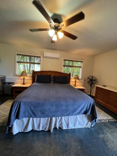 a bedroom with a bed with a ceiling fan at Private Ohana on the lush Hamakua coast with AC in Honokaa