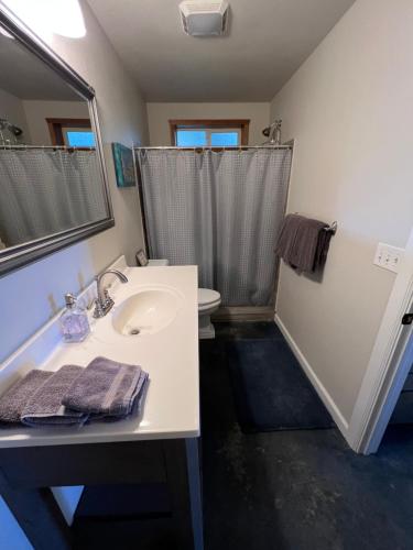 a bathroom with a sink and a toilet and a mirror at Private Ohana on the lush Hamakua coast with AC in Honokaa