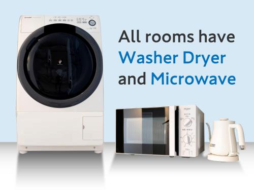 a washing machine and microwave with the words all rooms have washer diver and microwave at Tokyu Stay Sapporo Odori in Sapporo