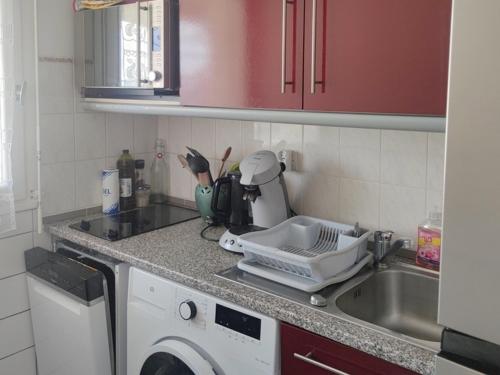 - un comptoir de cuisine avec un lave-linge et un évier dans l'établissement Appartement 2 à 4 pers, vue port Crouesty - Wi-Fi, Parking - FR-1-639-75, à Arzon