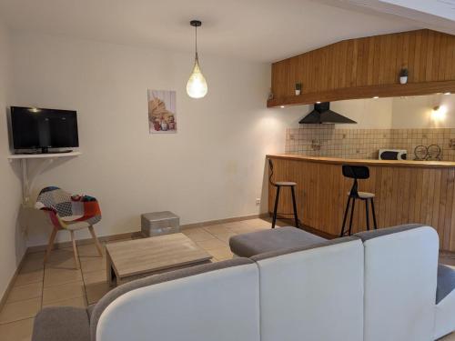 un salon avec un canapé et une cuisine dans l'établissement Maison charentaise rénovée avec jardin privé, proche d'Angoulême et activités en bord de Charente - FR-1-653-208, à Vindelle