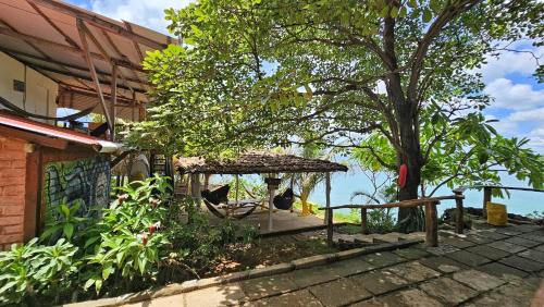 a swing in front of a house with a tree at Monkey House Hostel in Tola