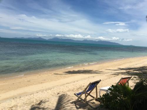 two chairs sitting on a beach near the water at Bangpo Village in Ban Bang Po