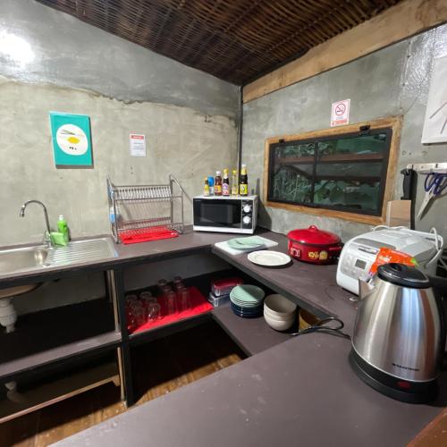 a kitchen with a counter with a sink and a microwave at Chez DARA in Mon Jam