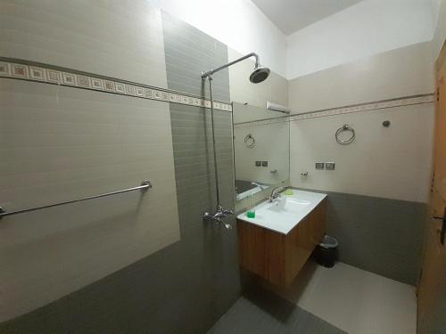 a bathroom with a shower and a sink and a mirror at Elite Residence in Islamabad