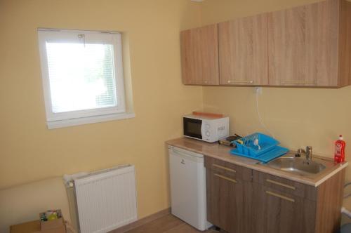 a kitchen with a sink and a microwave on a counter at Harmónia Panzió in Bogács