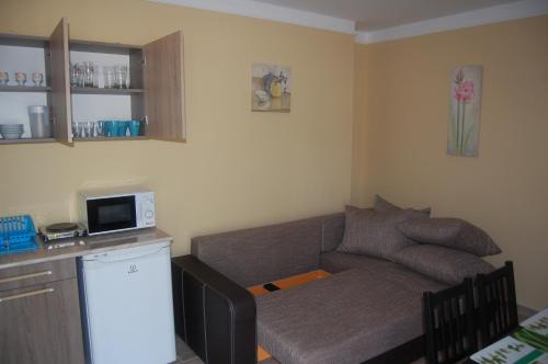 a small living room with a couch and a microwave at Harmónia Panzió in Bogács