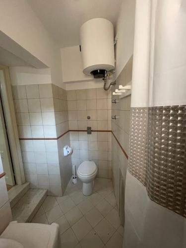 a small bathroom with a toilet and a shower at La Chiocciola - Casa vacanze in Erice