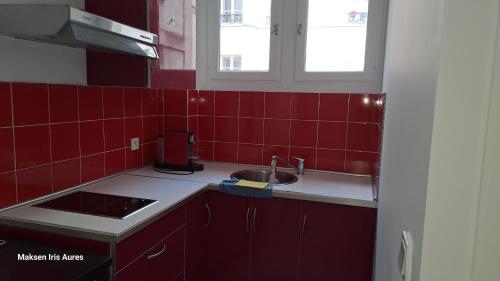 Il comprend une cuisine avec un évier et des murs carrelés rouges. dans l'établissement Appartement 9ème, à Paris