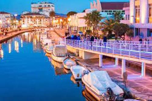 a group of boats docked in the water near a bridge at Viareggio live in Top deco in Viareggio