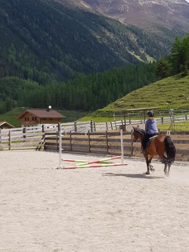a person riding a horse jumping over an obstacle at Alpin Appart Reiterhof in Niederthai