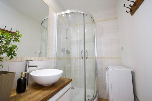 a bathroom with a glass shower and a sink at Warsaw Apartament Ochota in Warsaw