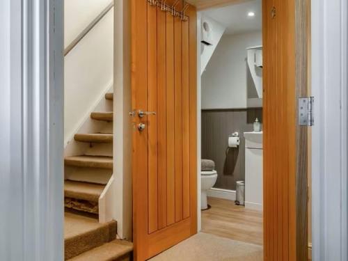 a bathroom with a staircase and a toilet in it at Studio Flat in Heritage Triangle, Diss in Diss