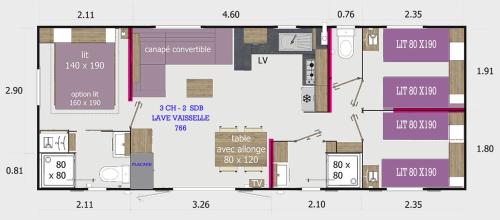a floor plan of a house at MH-6 PERS-3 CH-2 SDB-lave vaisselle-lave linge - WIFI GARANTIE - grande terrasse in Pont-Aven