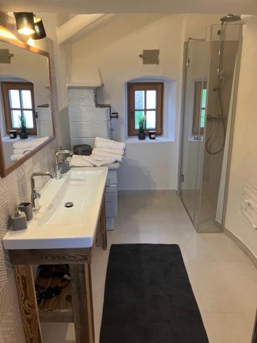 een badkamer met een wastafel en een douche bij Baronigg Weingartengut 