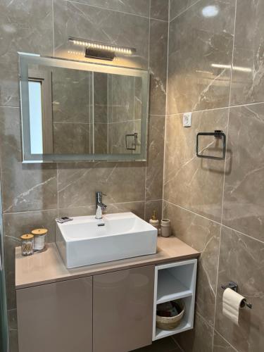 a bathroom with a white sink and a mirror at Apartments HAS in Kotor
