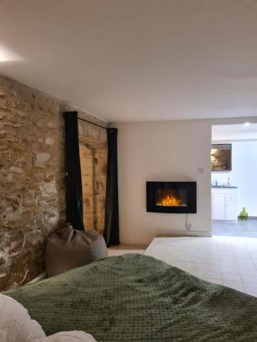 1 dormitorio con 1 cama y chimenea en una habitación en La maison du bonheur, en Caumont-sur-Durance