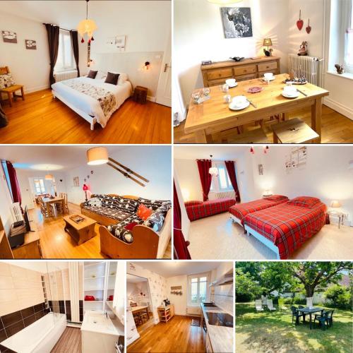 un collage de quatre photos d'une pièce dans l'établissement L'Ecureuil, à Gérardmer