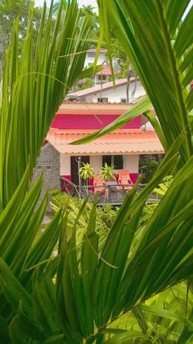 a view of a building from behind a palm tree at Cliff View Bungalows in Ko Chang
