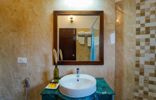 カソーリにあるThe Rose, Kasauli -A Four Star Lavish & Luxury Hotelのバスルーム(洗面台、鏡付)