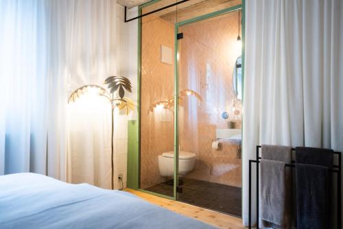 ein Schlafzimmer mit einem Bad mit einer Dusche und einem WC in der Unterkunft TREMONDI - Boutique BnB in Quarten