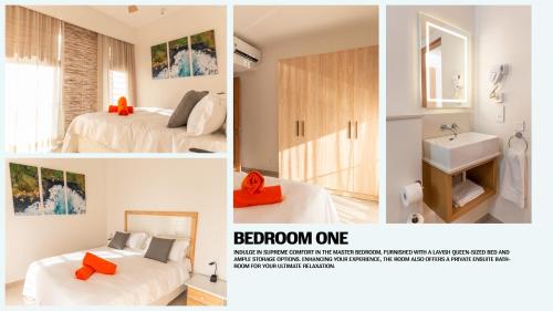 a collage of three pictures of a bedroom at Ocean Point B3 in Pointe aux Piments