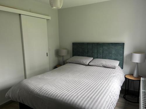 Stylish Killorglin Apartment في كيلورجلين: غرفة نوم بسرير ابيض كبير ومصباحين
