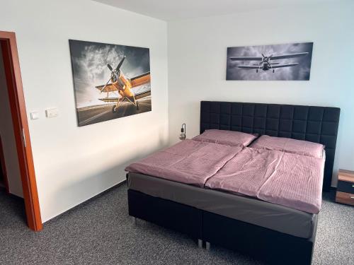 ein Schlafzimmer mit einem Bett und einem Bild eines Flugzeugs in der Unterkunft Hotel CAVOK letiště Příbram in Drásov