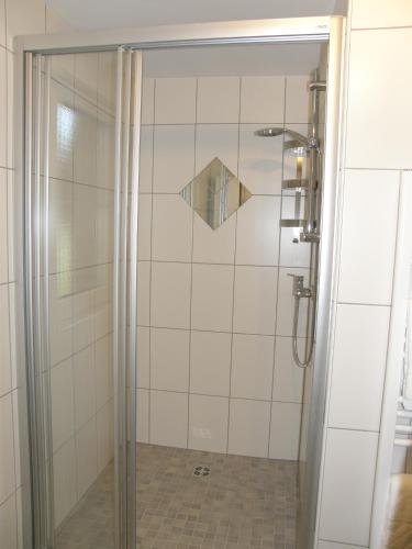 a shower with a glass door in a bathroom at Apartment Altaussee in Altaussee