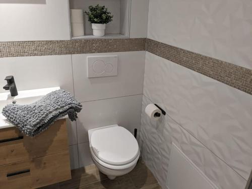a bathroom with a white toilet and a sink at Magnifique appartement entièrement rénové au pied des pistes in Métabief