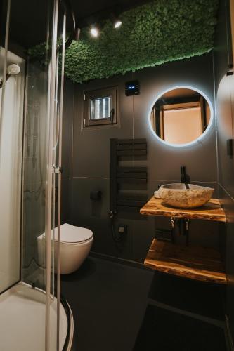 a bathroom with a sink and a glass shower at Slowood Cabins in Balatonszepezd