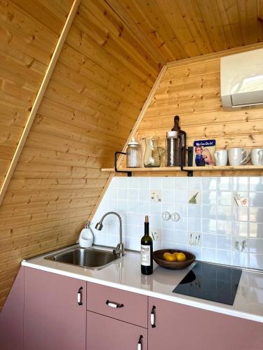a kitchen with a sink and a bottle of wine at Nutshell in Sakhalvasho