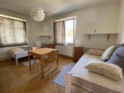 a bedroom with a bed and a desk and a table at Gästehaus Sonne in Zuchwil