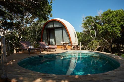 a small swimming pool in front of a dome house at Wild Coast Tented Lodge - Relais and Chateaux - All Inclusive in Yala
