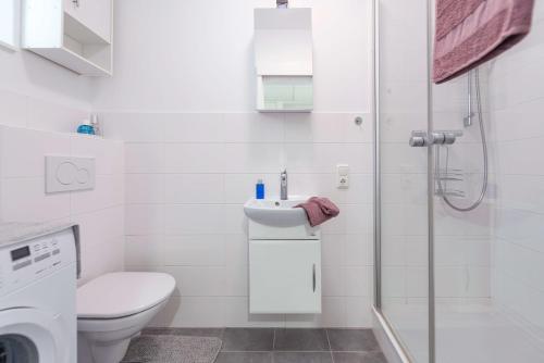 a bathroom with a shower and a toilet and a sink at Apartments am Kurpark in Bad Ischl
